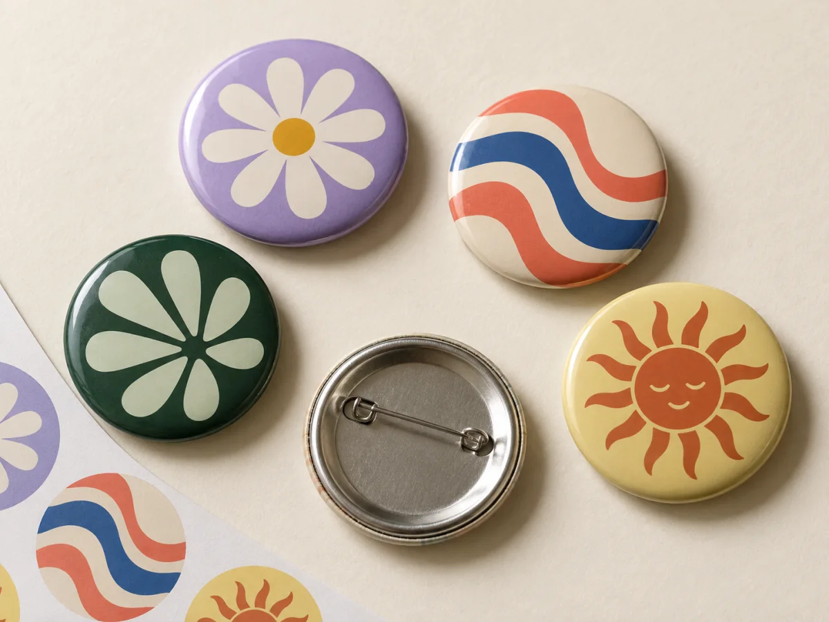 Round pinback buttons with flower, wave and sun designs, with one silver pin back facing up